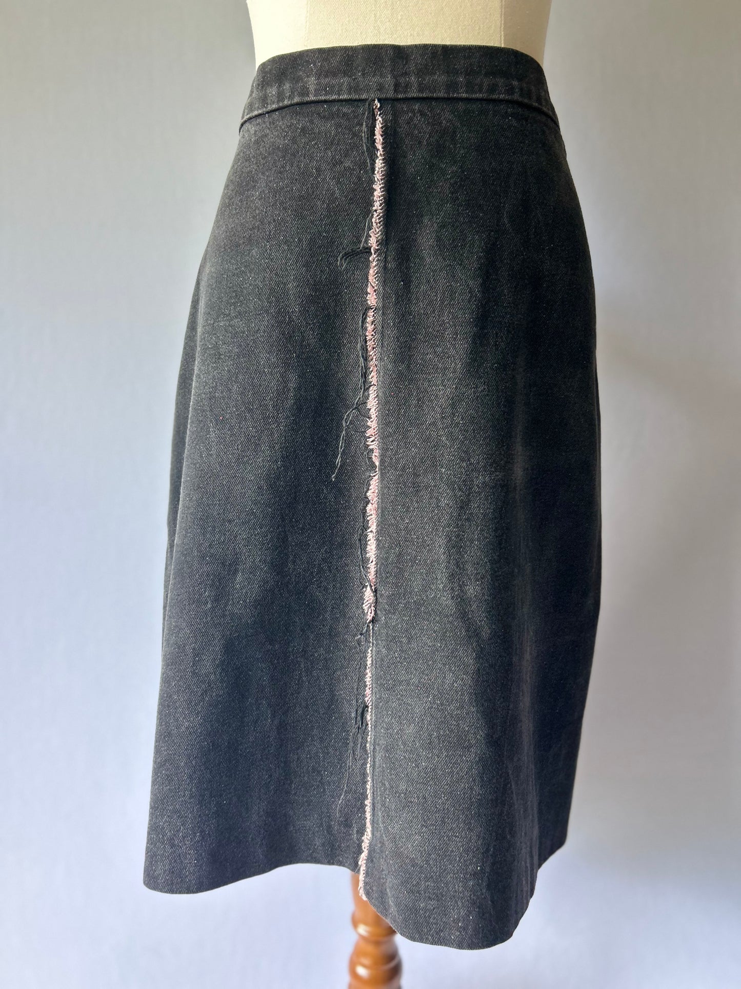 Ricochet Black Denim A-Line Skirt - Size 12 | 100% Cotton with Raw Edge Detail