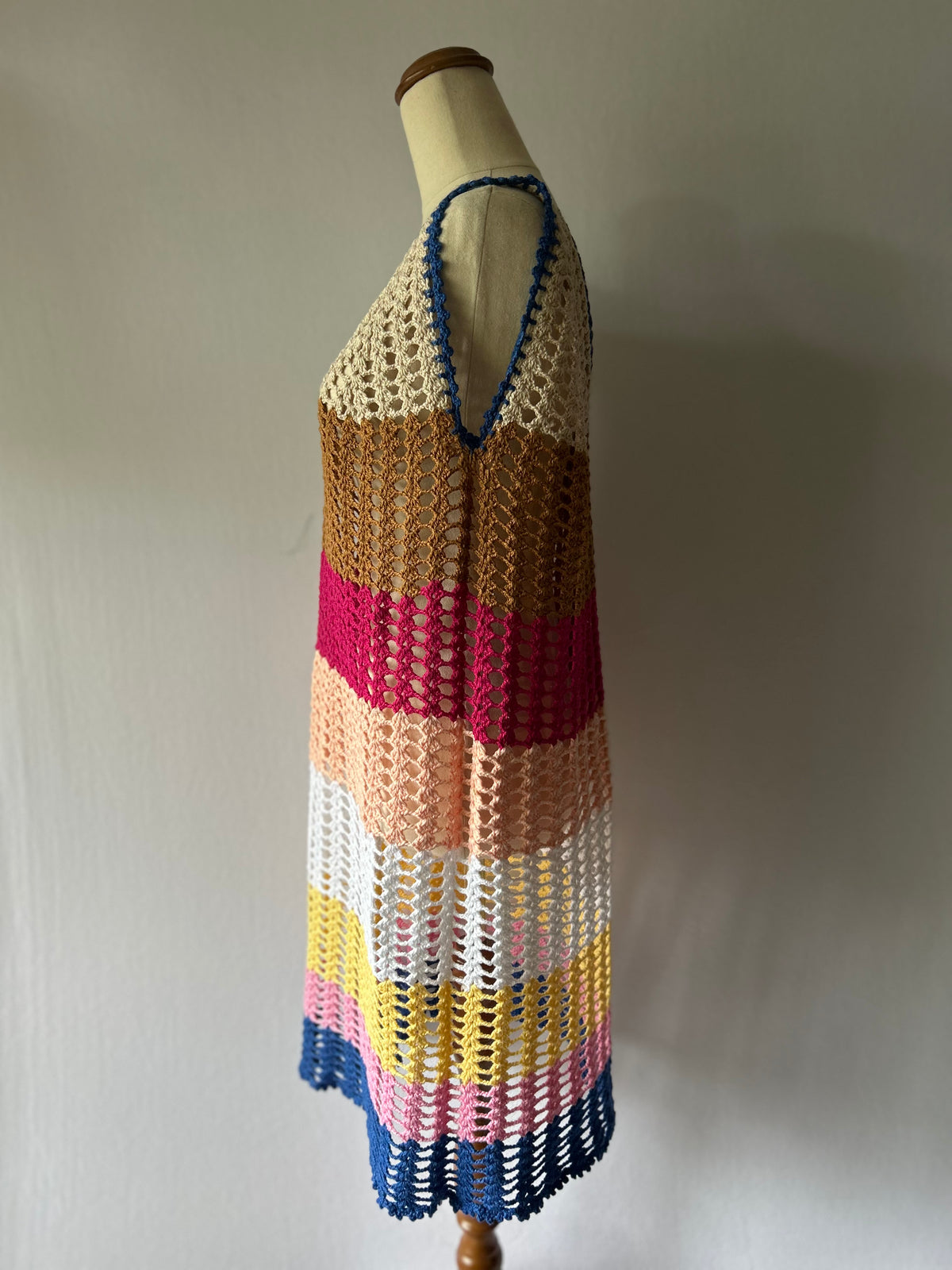 Handmade Cotton Crochet Striped Mini Dress – Size M/L | Made by Mum