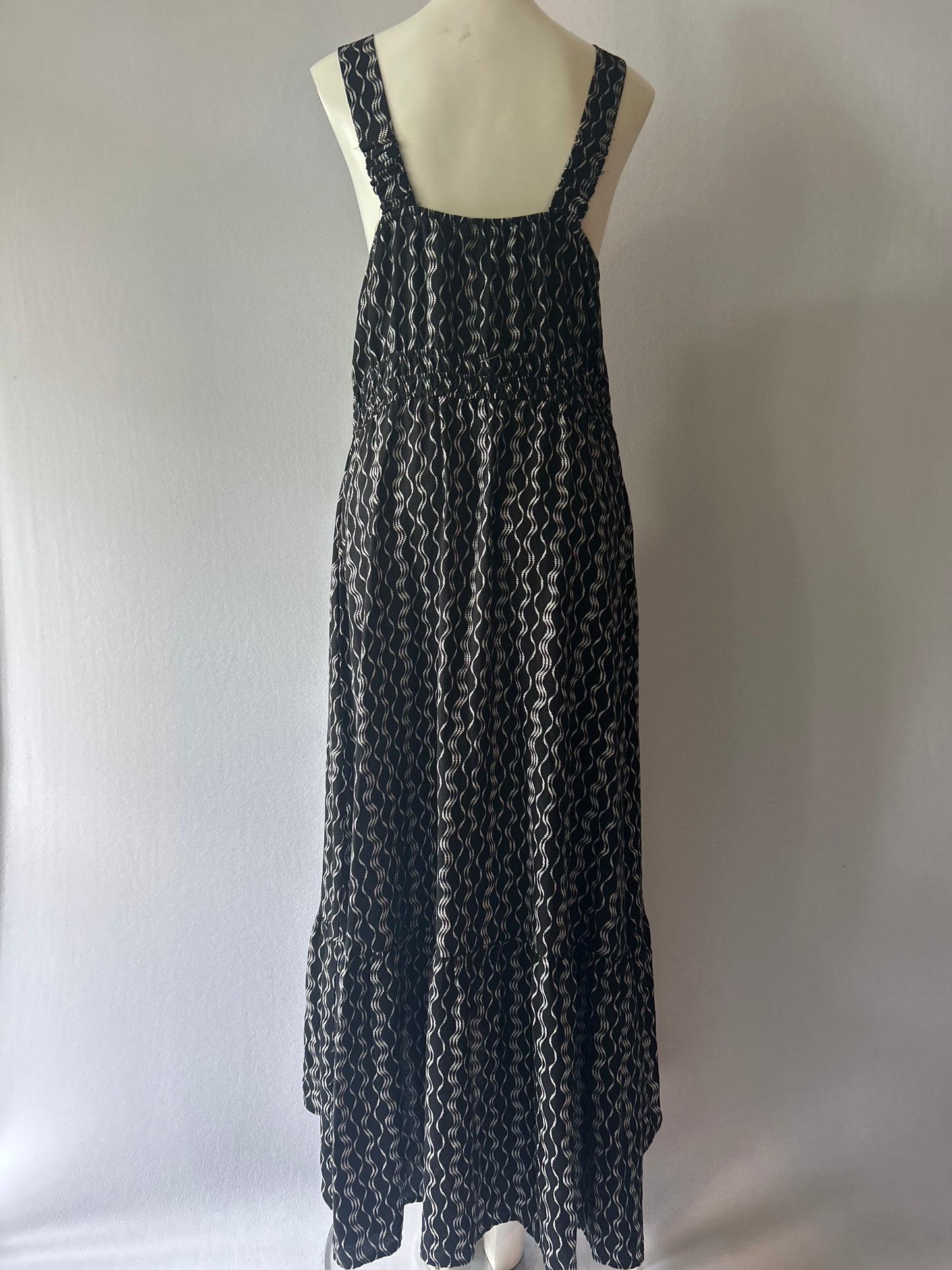Monochrome Wave Print Viscose-Linen Maxi Dress - Size 14