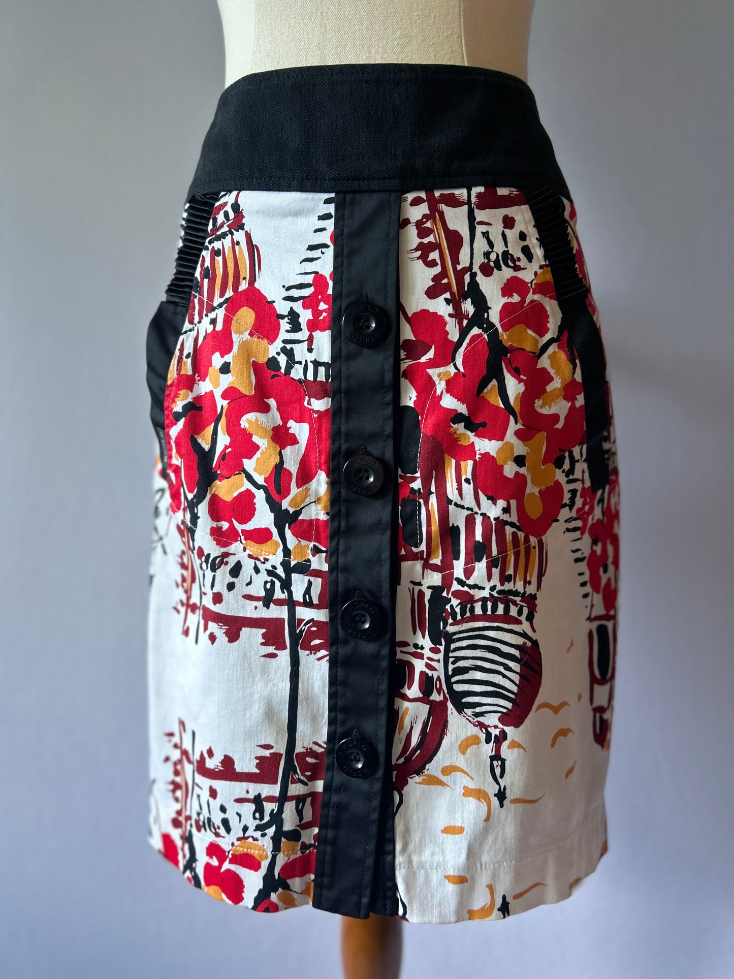 WORLD Graphic Print Skirt - Size XS | Cotton Blend Button-Down