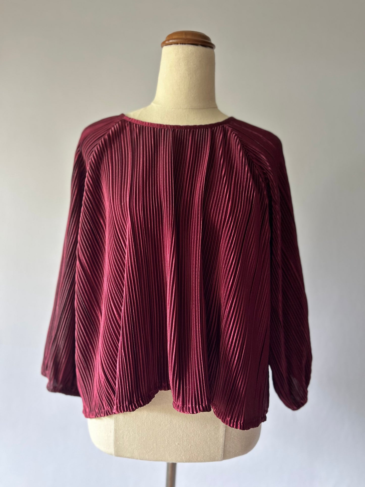 Deep Wine Pleated Plisse Raglan Blouse - Size 14