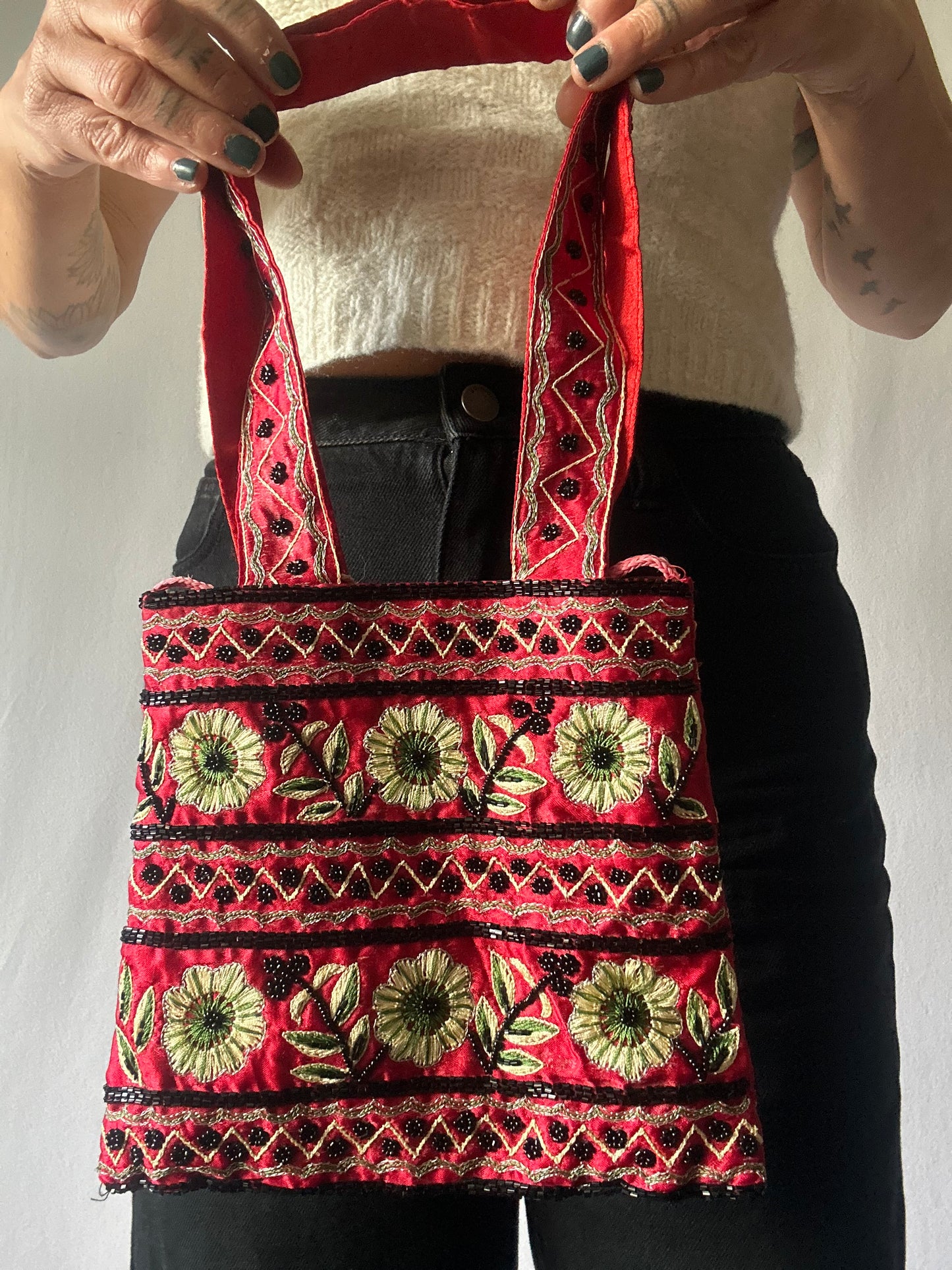 Embroidered Red Floral Tote Bag – Boho Chic Handmade Style