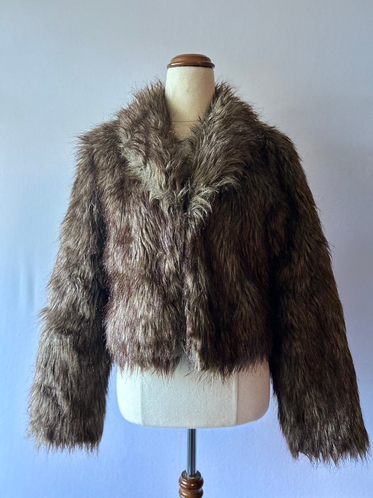 Shaggy Faux Fur Cropped Shawl Collar Jacket - Size XS
