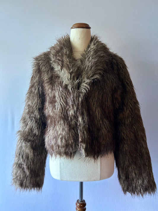Shaggy Faux Fur Cropped Shawl Collar Jacket - Size XS