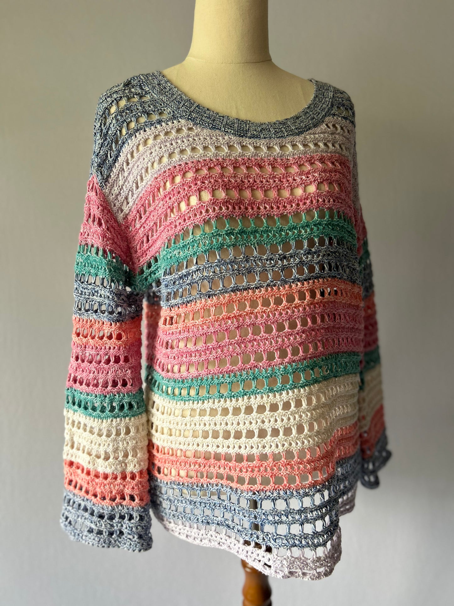 Gap Multi-Colour Striped Crochet Knit Sweater - Cotton Blend, size small