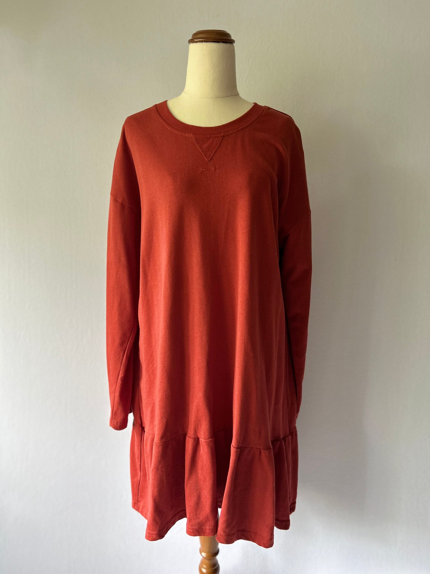 Terracotta Ruffle-Hem Sweatshirt Dress – Size 14