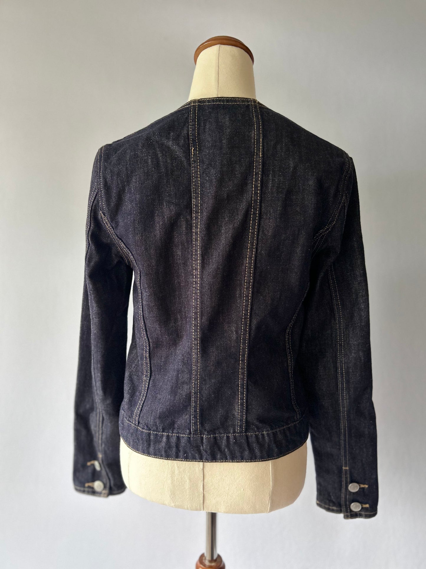 Minimalist Collarless Indigo Denim Jacket - Size S