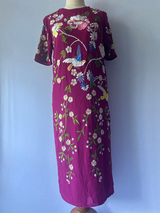 Vintage-Inspired Floral & Bird Embroidered Midi Dress - Size UK 6