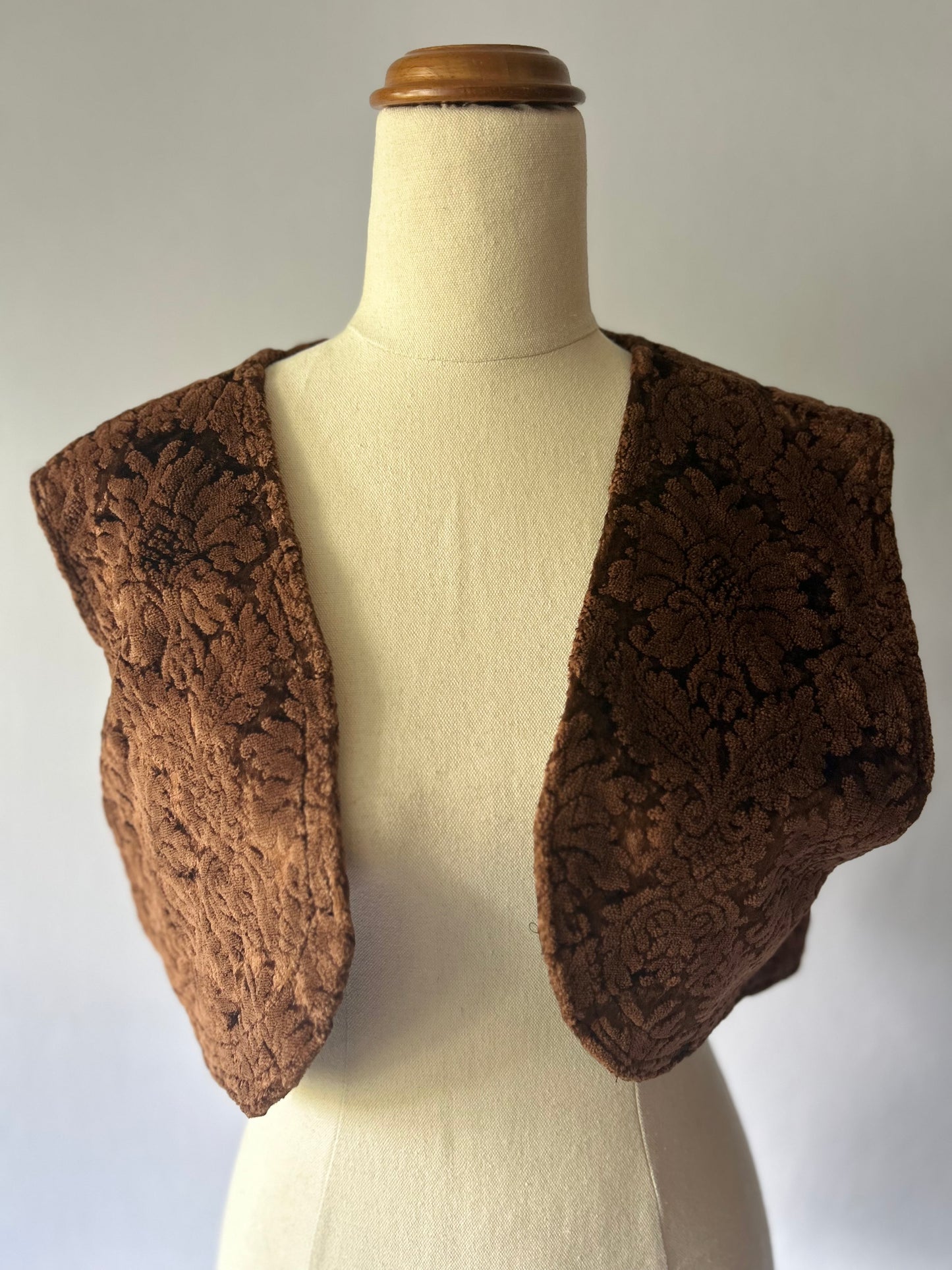 Artisanal Brown Floral Velvet Damask Bolero Vest - Size Small