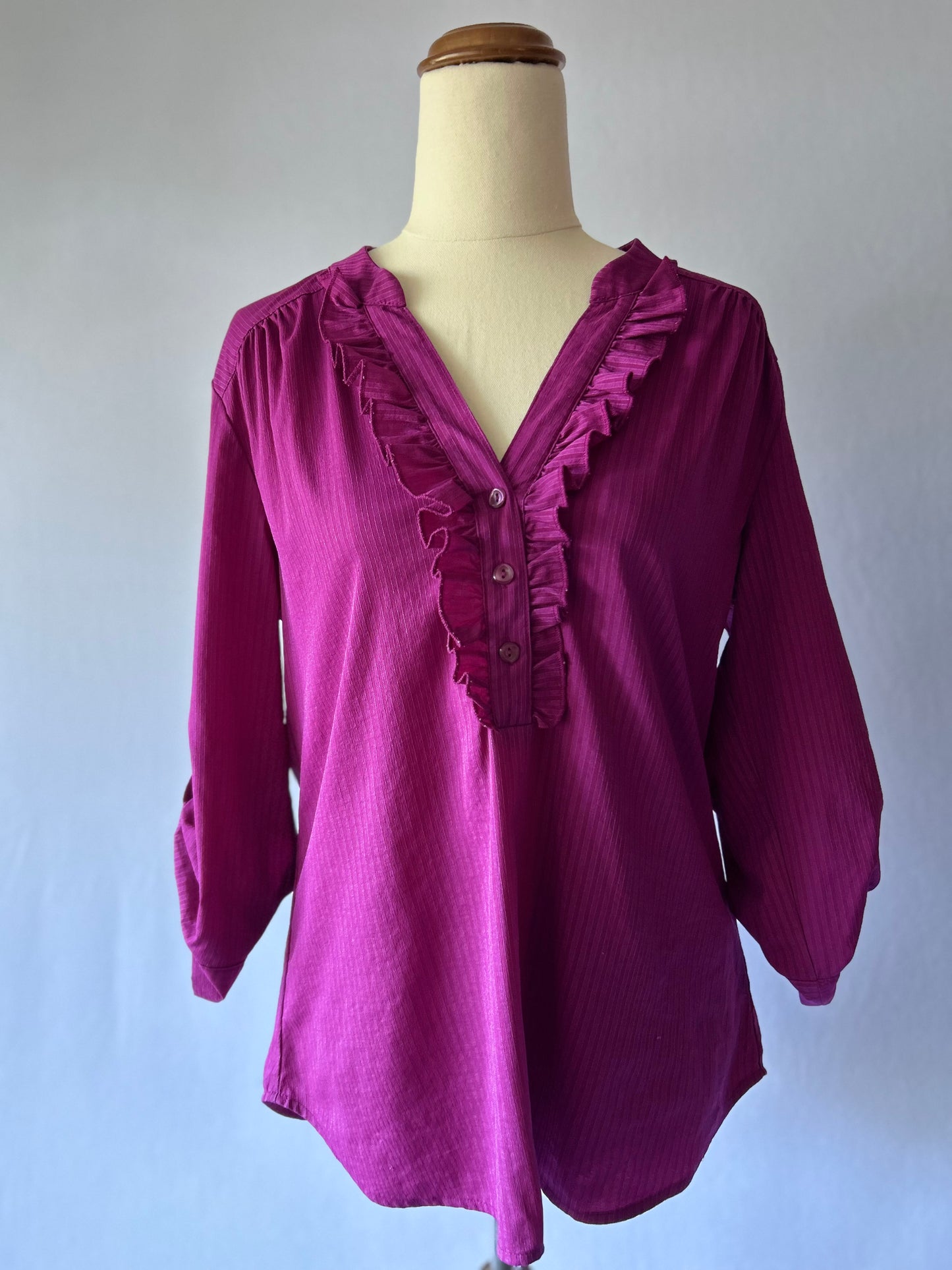 Ultra Violet Ruffle Blouse – Size 10 (Nylon Blend)