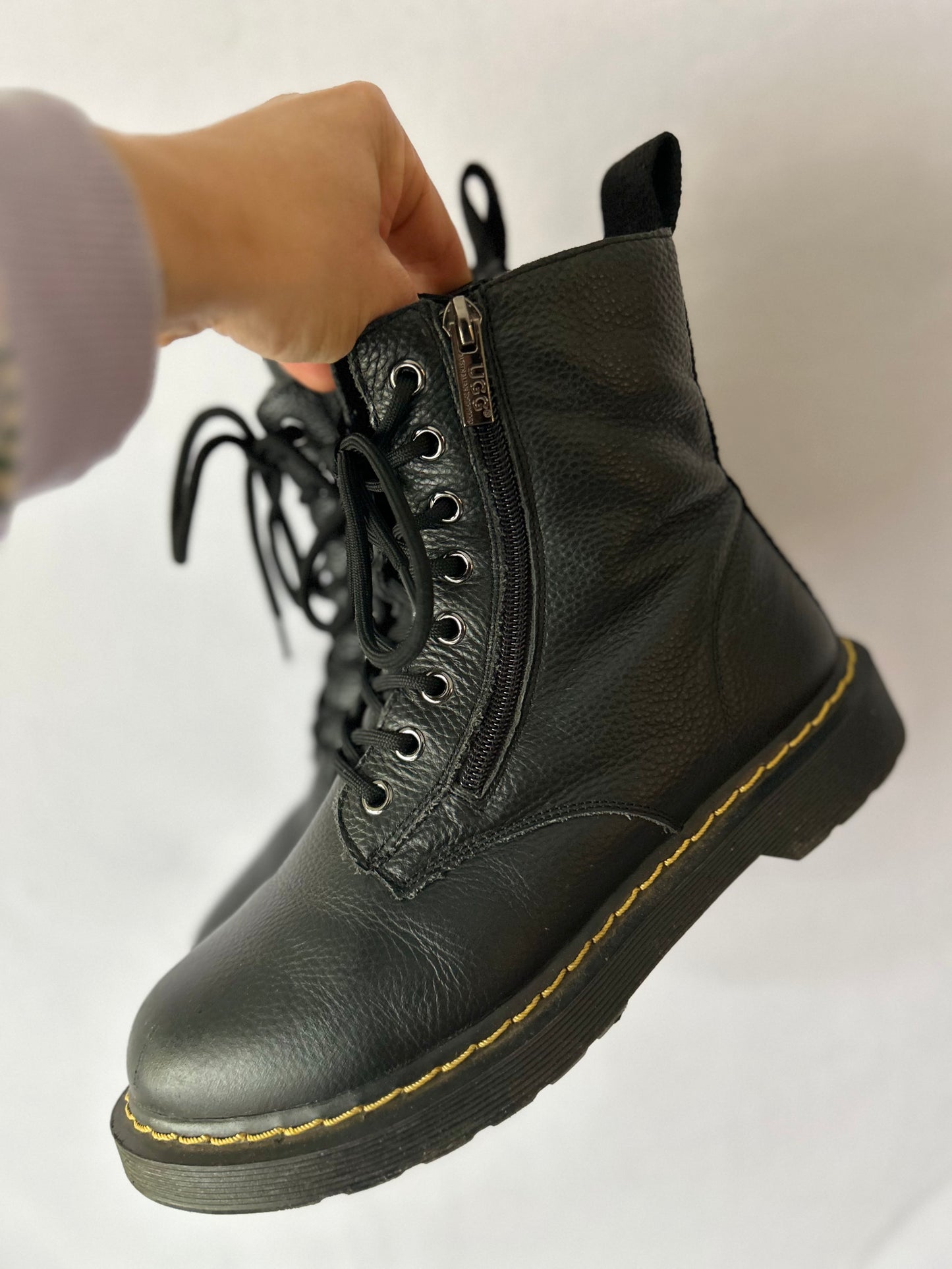 UGG Black Leather Combat Boots with Shearling Lining – Size 40