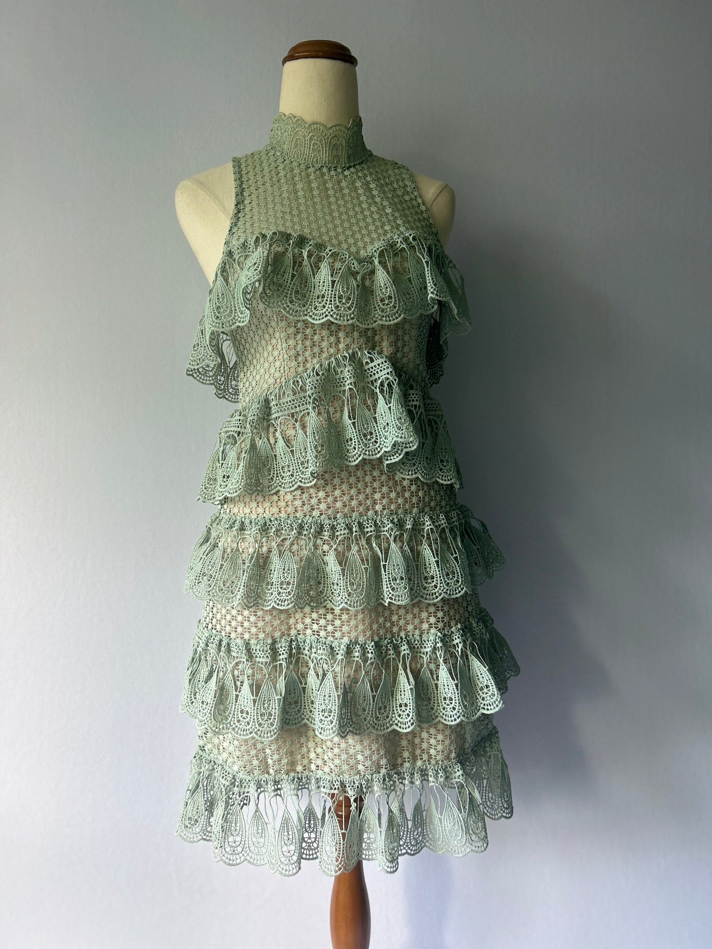 Seed Heritage Tiered Lace Mini Dress - Sage Green - Size 6