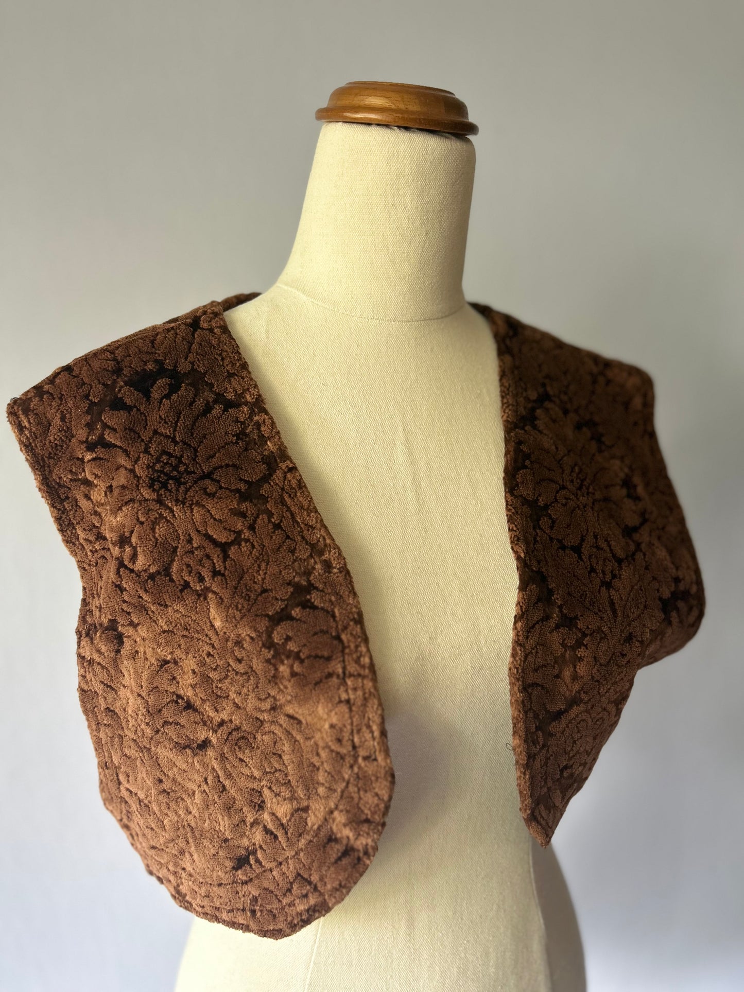 Artisanal Brown Floral Velvet Damask Bolero Vest - Size Small