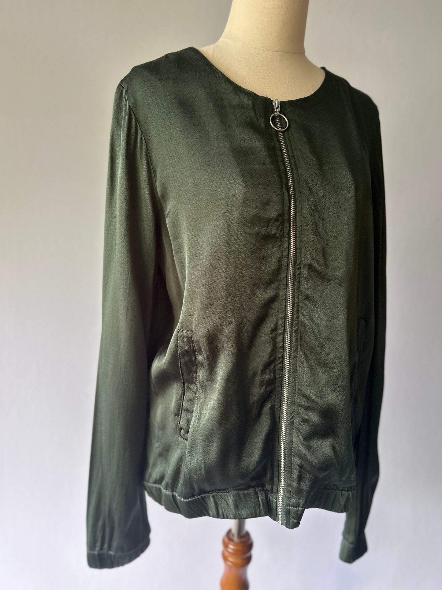 Forest Green Viscose Satin Bomber Jacket - Size 12