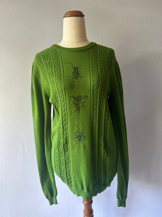 Dangerfield Cottagecore Cable-Knit Insect Embroidered Jumper - Moss Green - Size XS