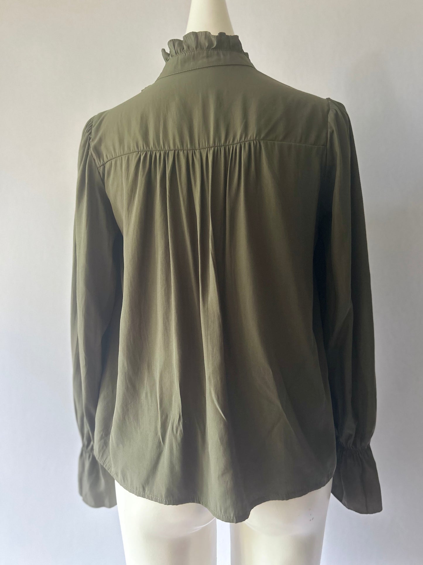 Romantic Ruffle High Neck Blouse - Olive Green - Size S