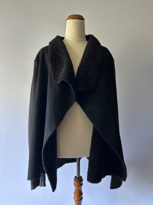 Noir Mixed-Media Shearling & Knit Waterfall Cardigan – Size M