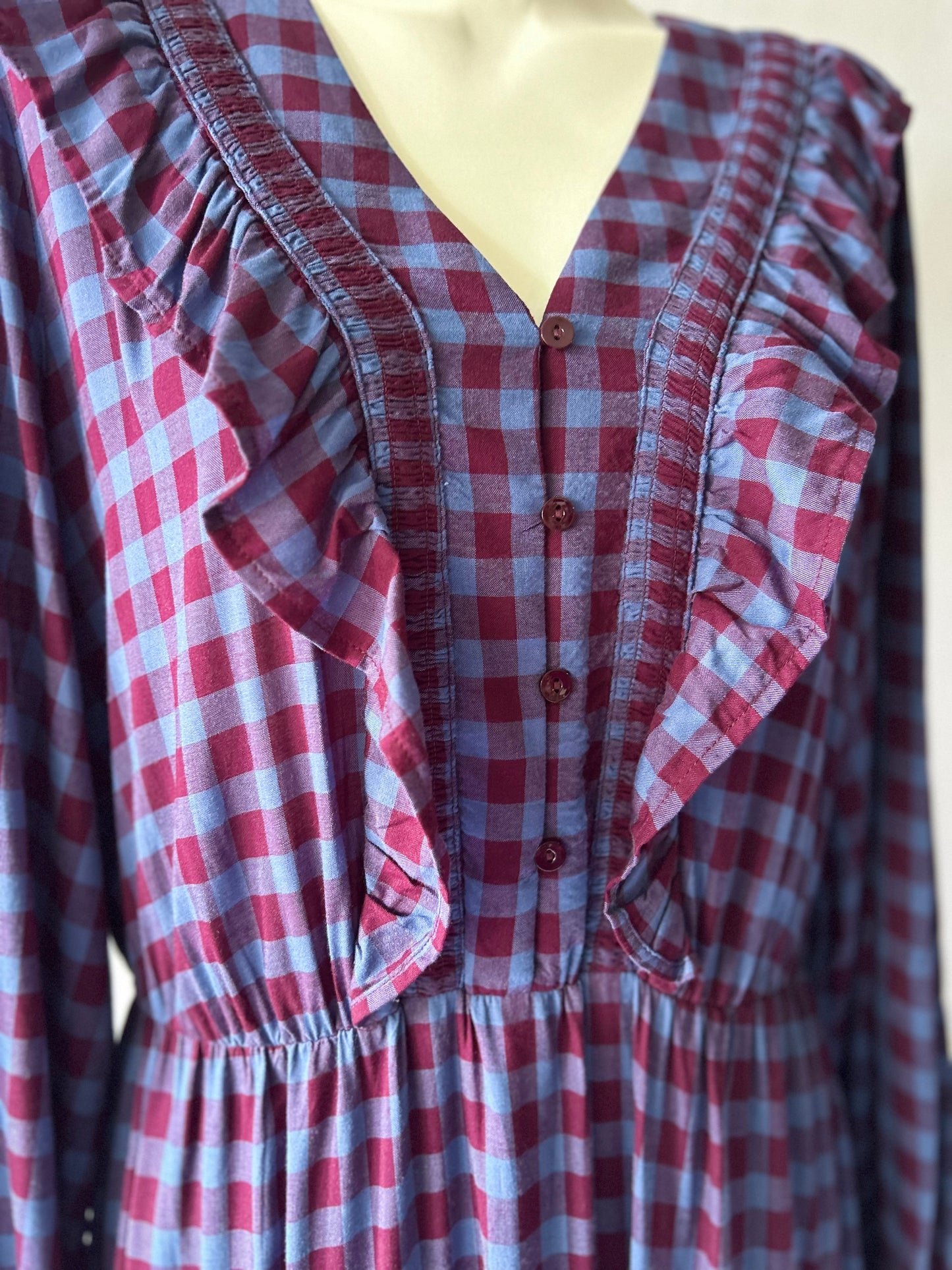 Whistles Ruffled Tiered Check Maxi Dress - Blue & Burgundy - Size 16