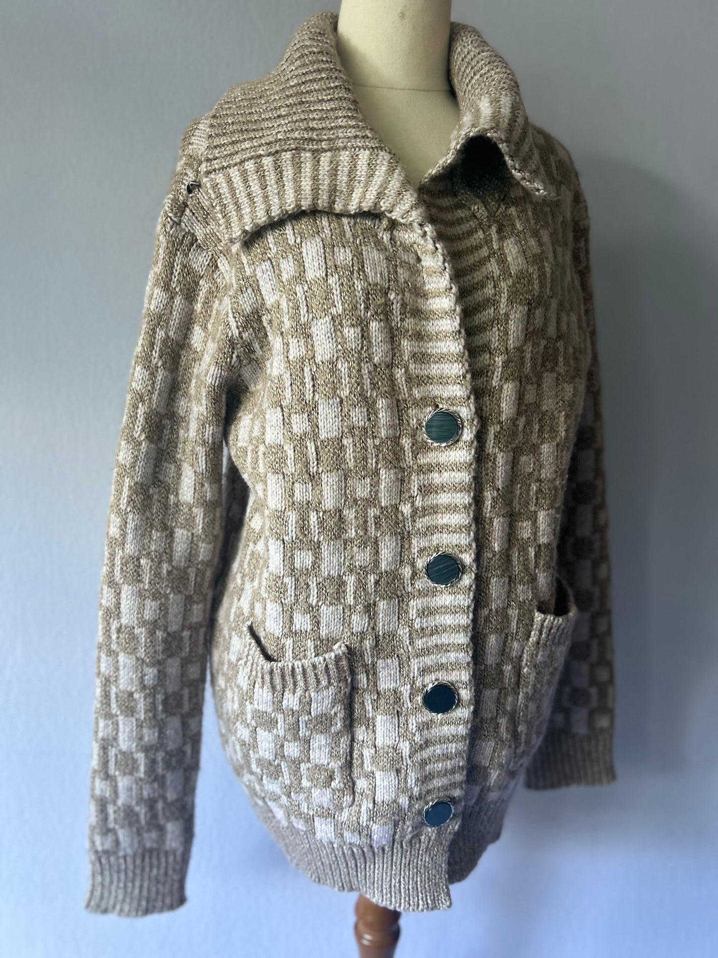 Beige & Cream Geometric Checkerboard Knit Cardigan - Size L