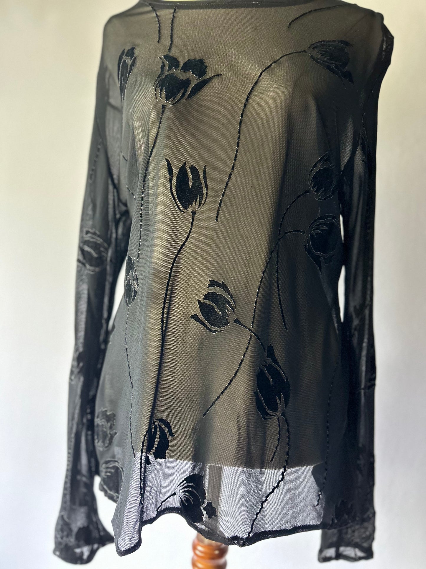 Floral Velvet Flocked Sheer Mesh Top – Size L