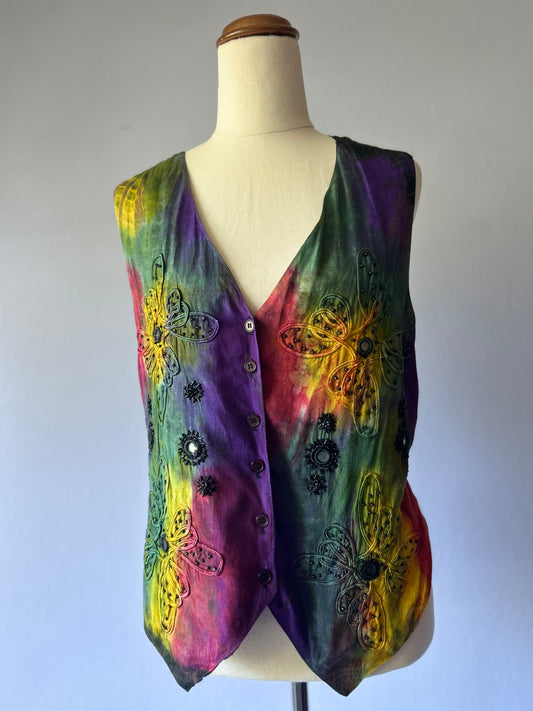 Vintage Embroidered Tie-Dye Beaded Vest – Size L, Viscose