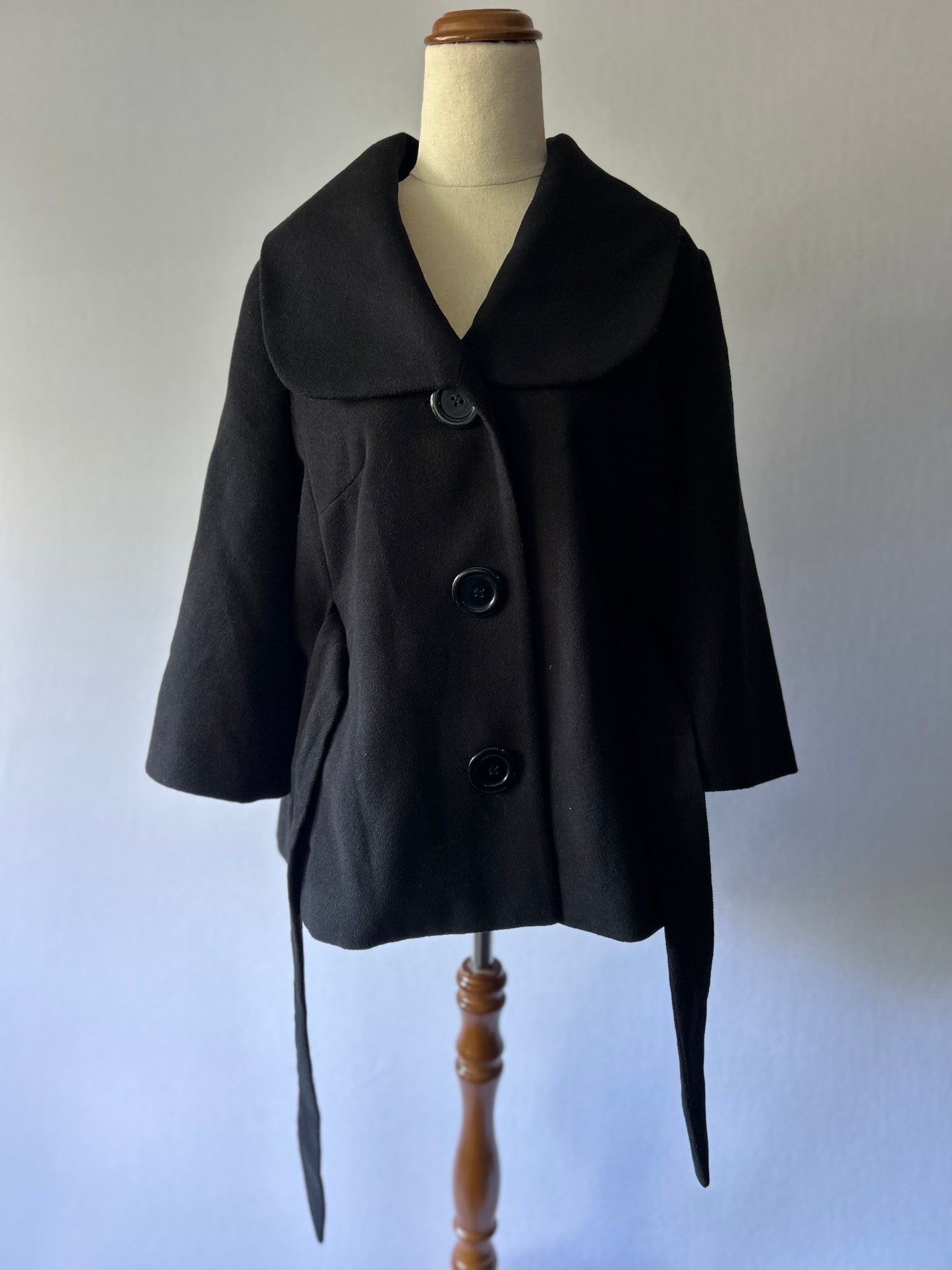 Classic Black Belted Pea Coat – Size M