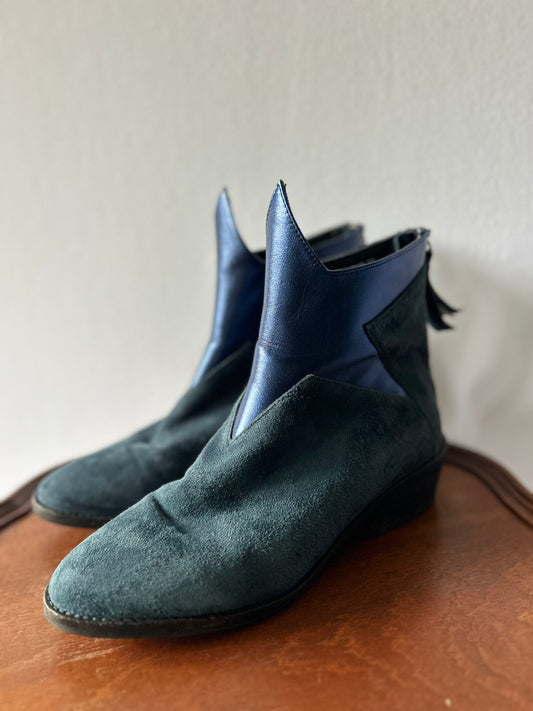 Indigo Suede & Metallic Paneled Ankle Boots – Size 36
