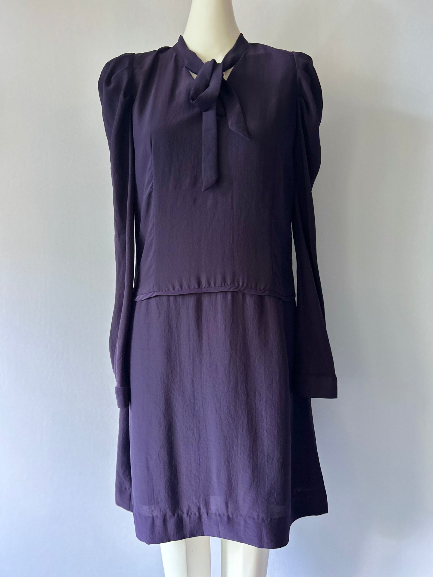 Made in NZ Deep Plum Pussy-Bow Mini Dress - Size 10