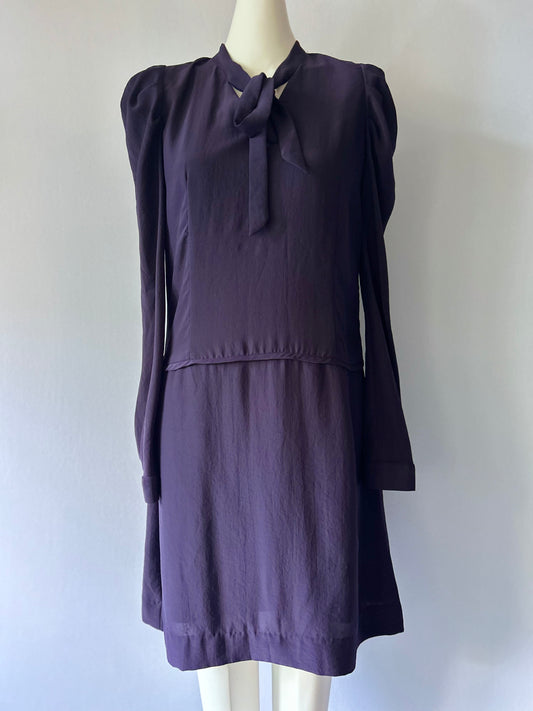Made in NZ Deep Plum Pussy-Bow Mini Dress - Size 10