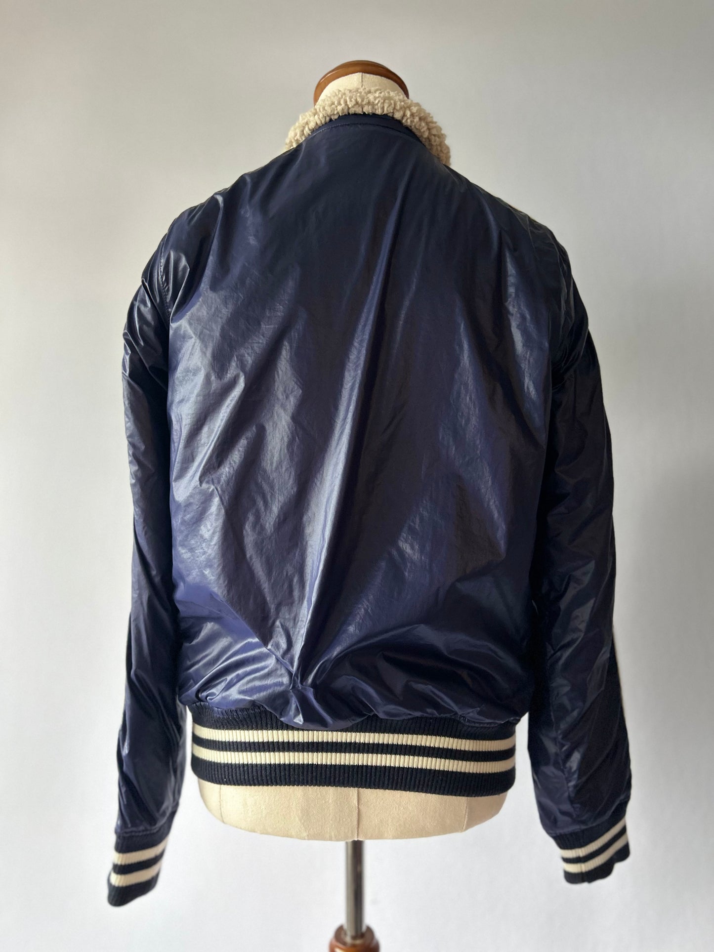 Holiday Varsity Coated Track Jacket - Sherpa-Lined Navy Blue - Size S/M