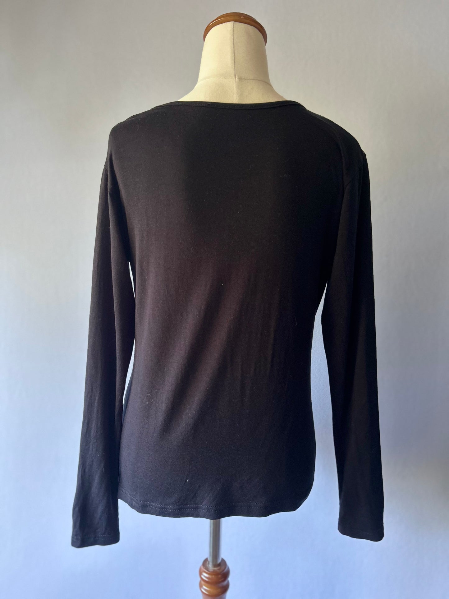 Black Long-Sleeve Mesh Panel Top with 3D Rose Appliqué - Size M/L