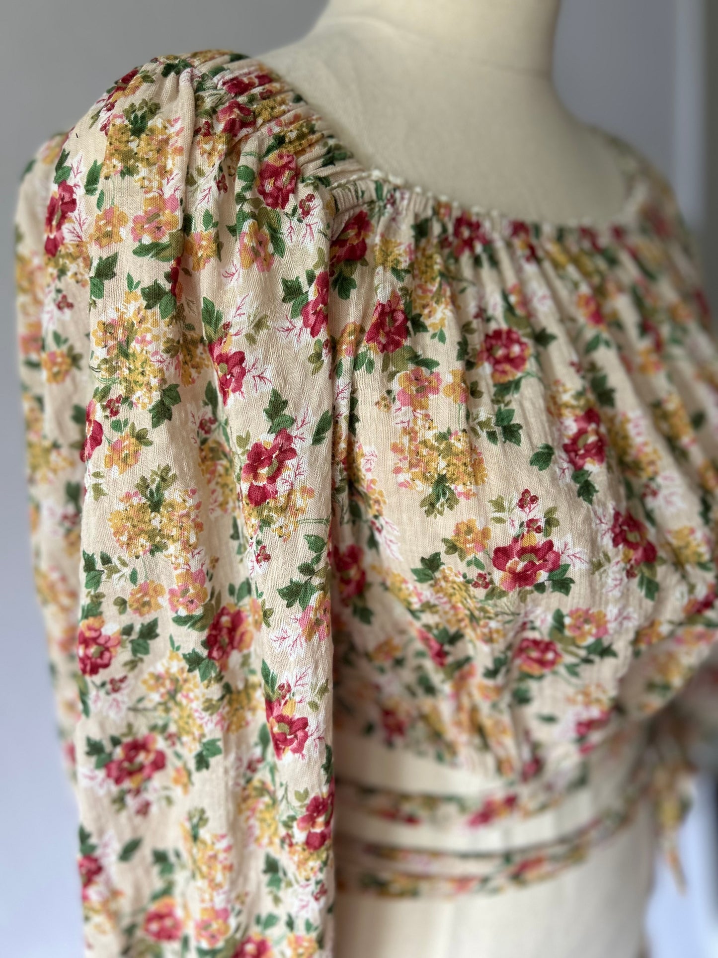 Floral Puff Sleeve Cropped Blouse with Wrap Tie Detail - Size Small