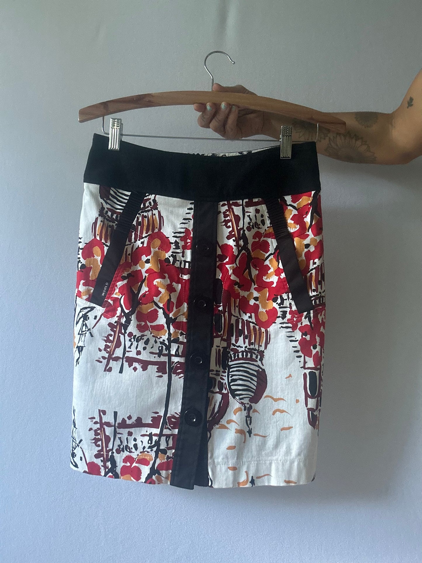 WORLD Graphic Print Skirt - Size XS | Cotton Blend Button-Down