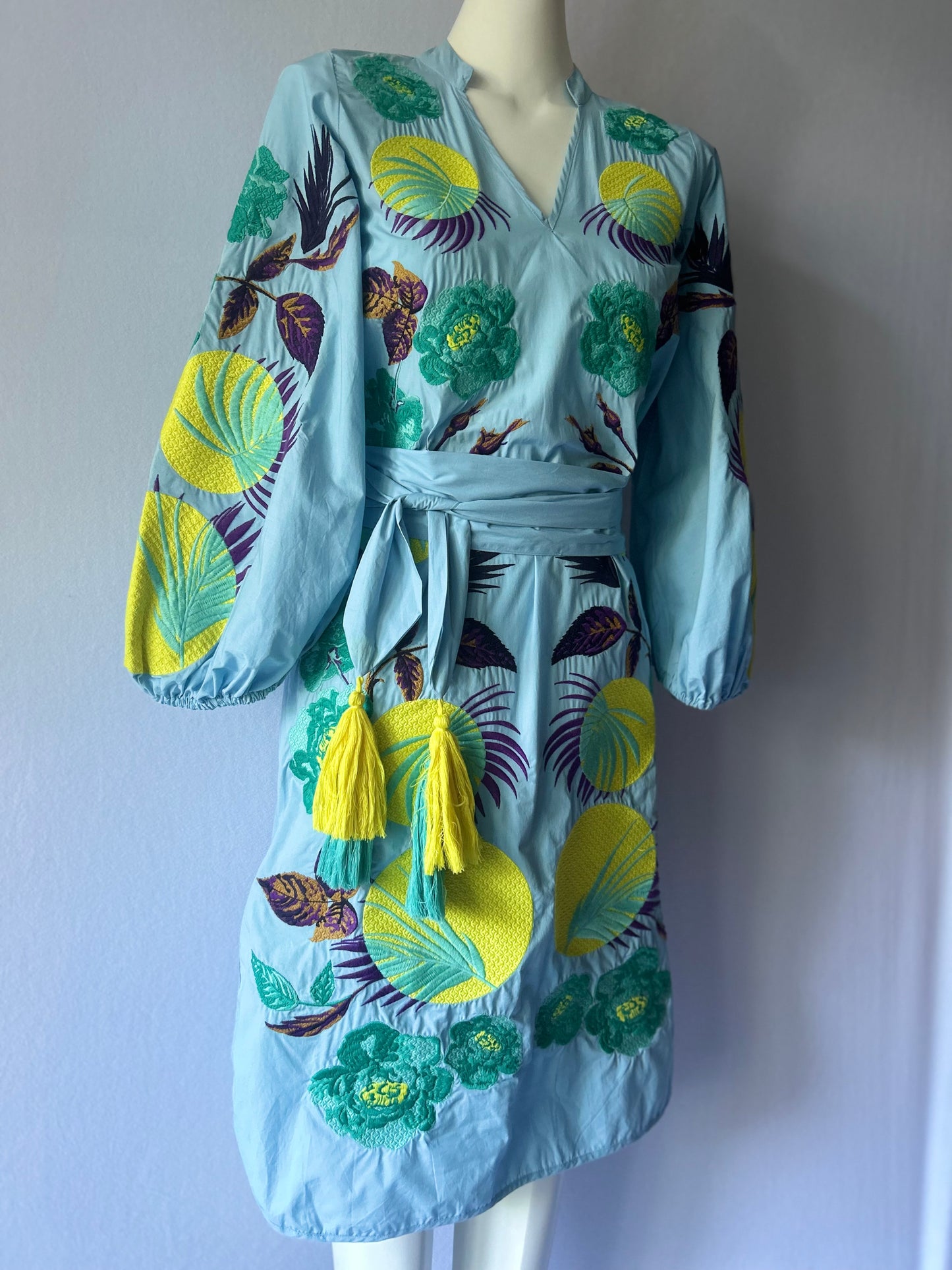 NWT Embroidered Botanical Cotton Mini Dress with Belt - Size S