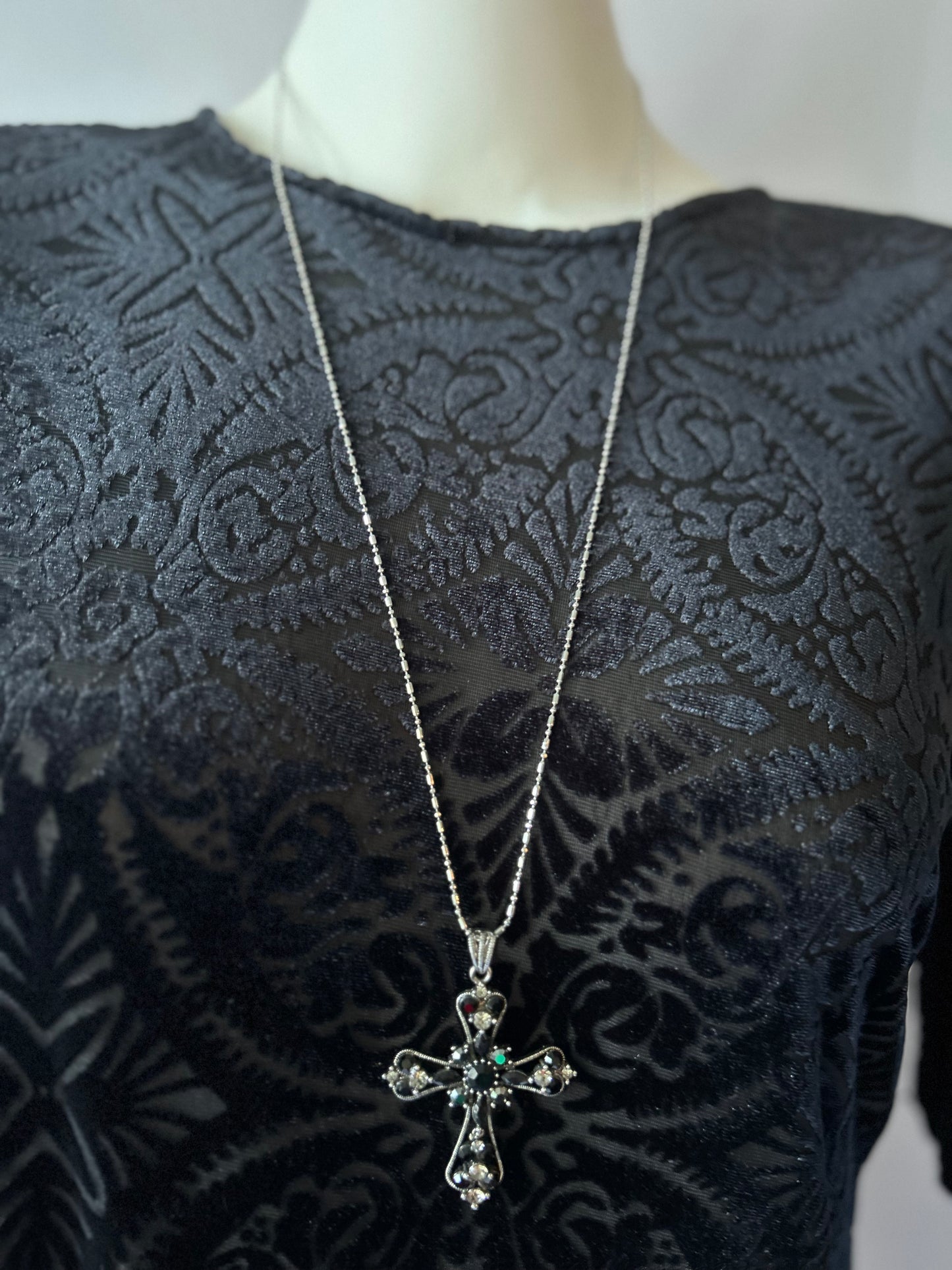 Vintage Whimsigoth Embellished Silver & Black Crystal Cross Long Necklace