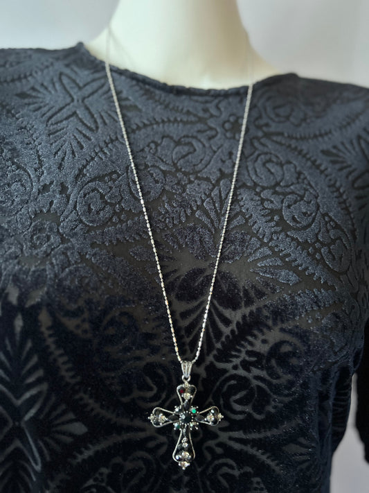 Vintage Whimsigoth Embellished Silver & Black Crystal Cross Long Necklace