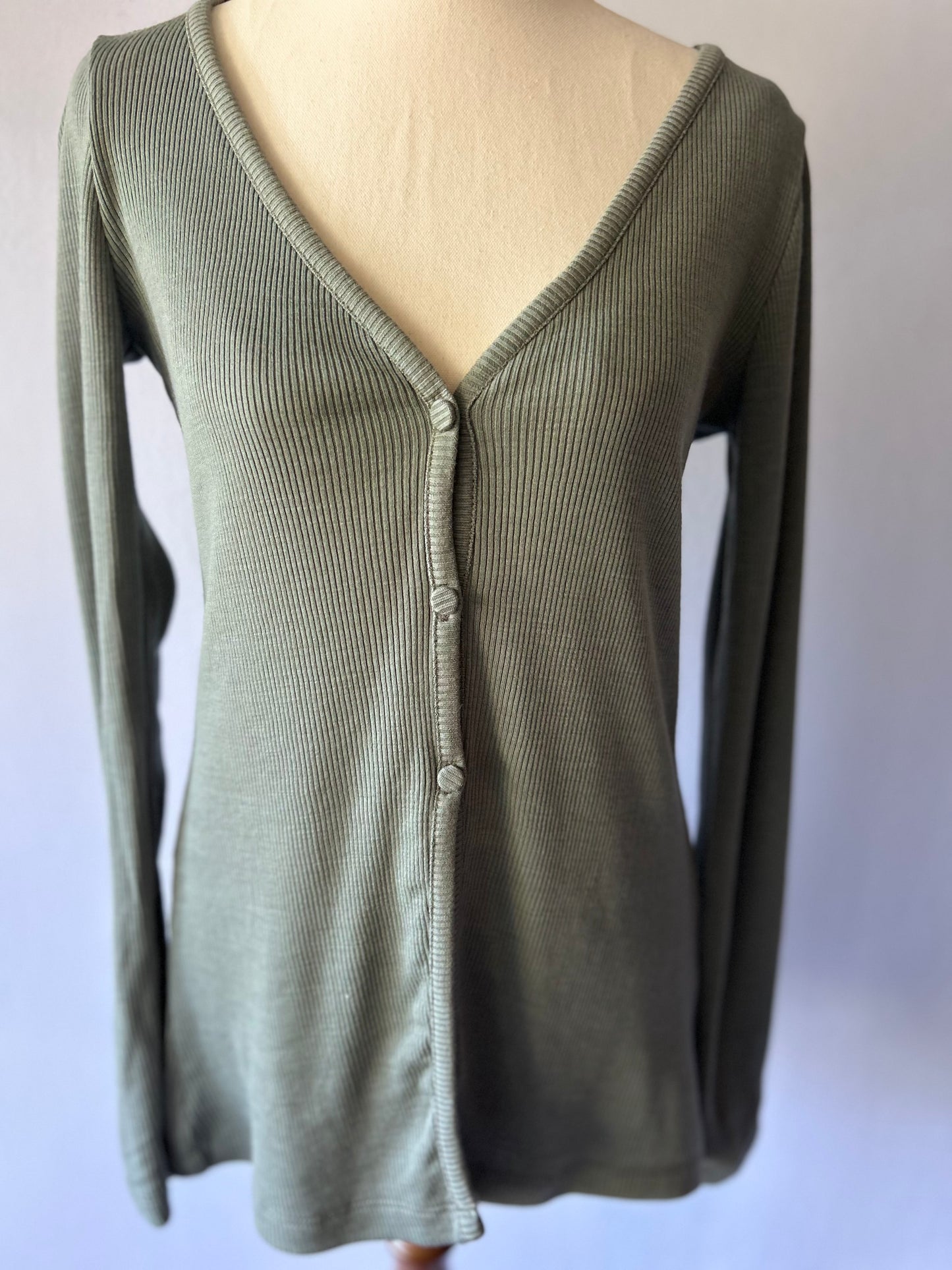 Kookai Sage Green Ribbed Merino Wool Cardigan - Size 8