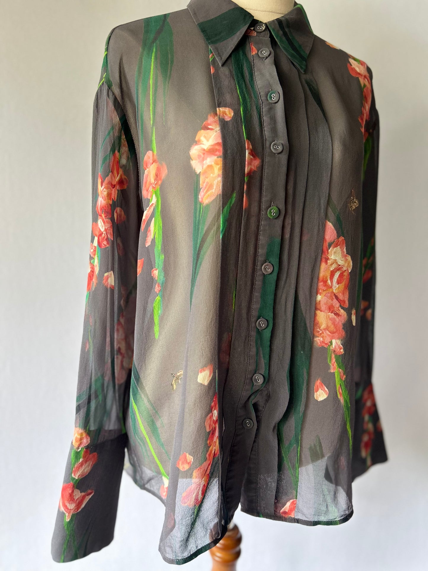 Sheer Charcoal Silk Floral Button-Down Blouse - Size UK 10/Eur38