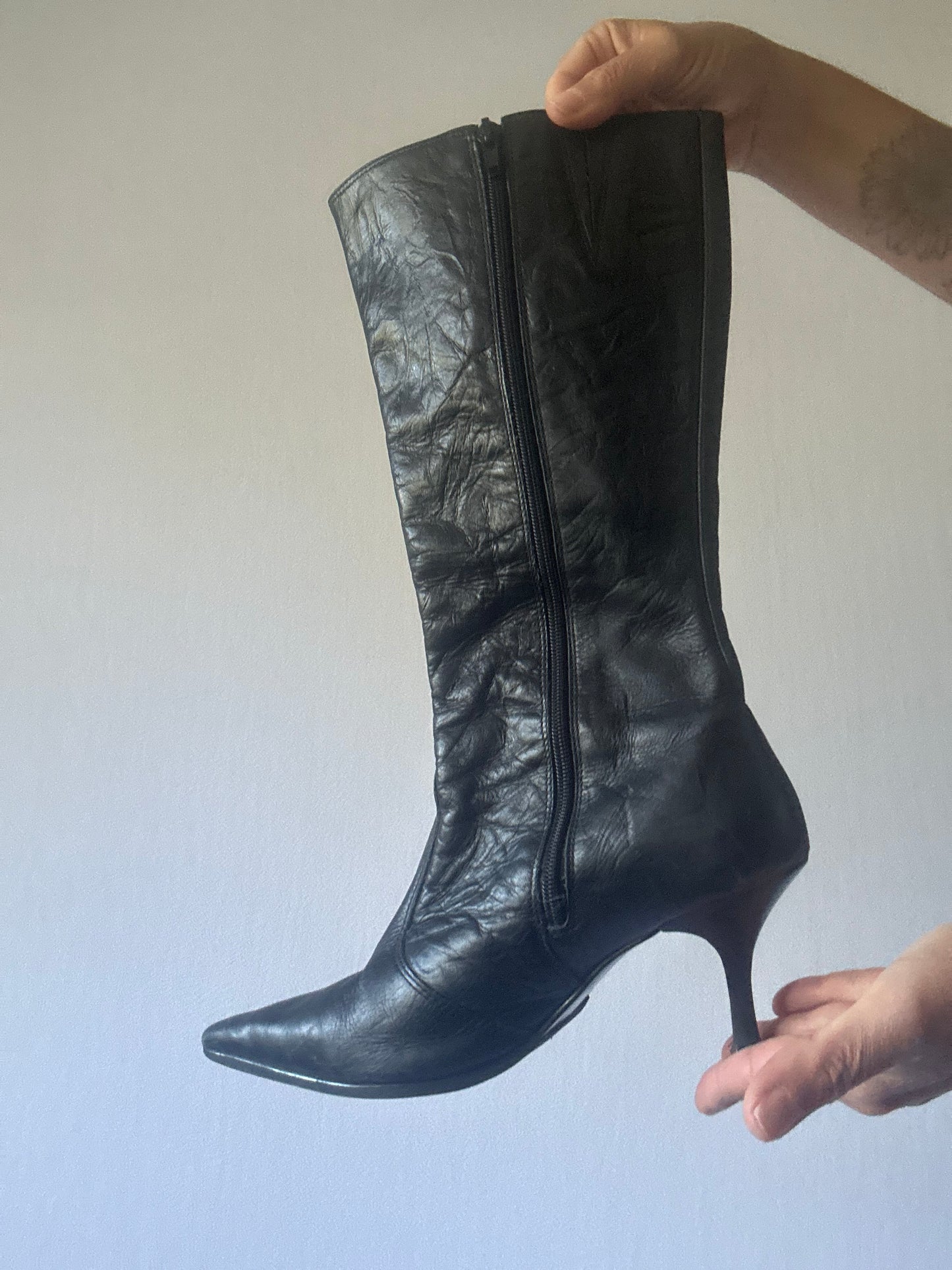 Vintage-Style Black Leather Pointed-Toe Ankle/Knee Boots - Size EUR 40