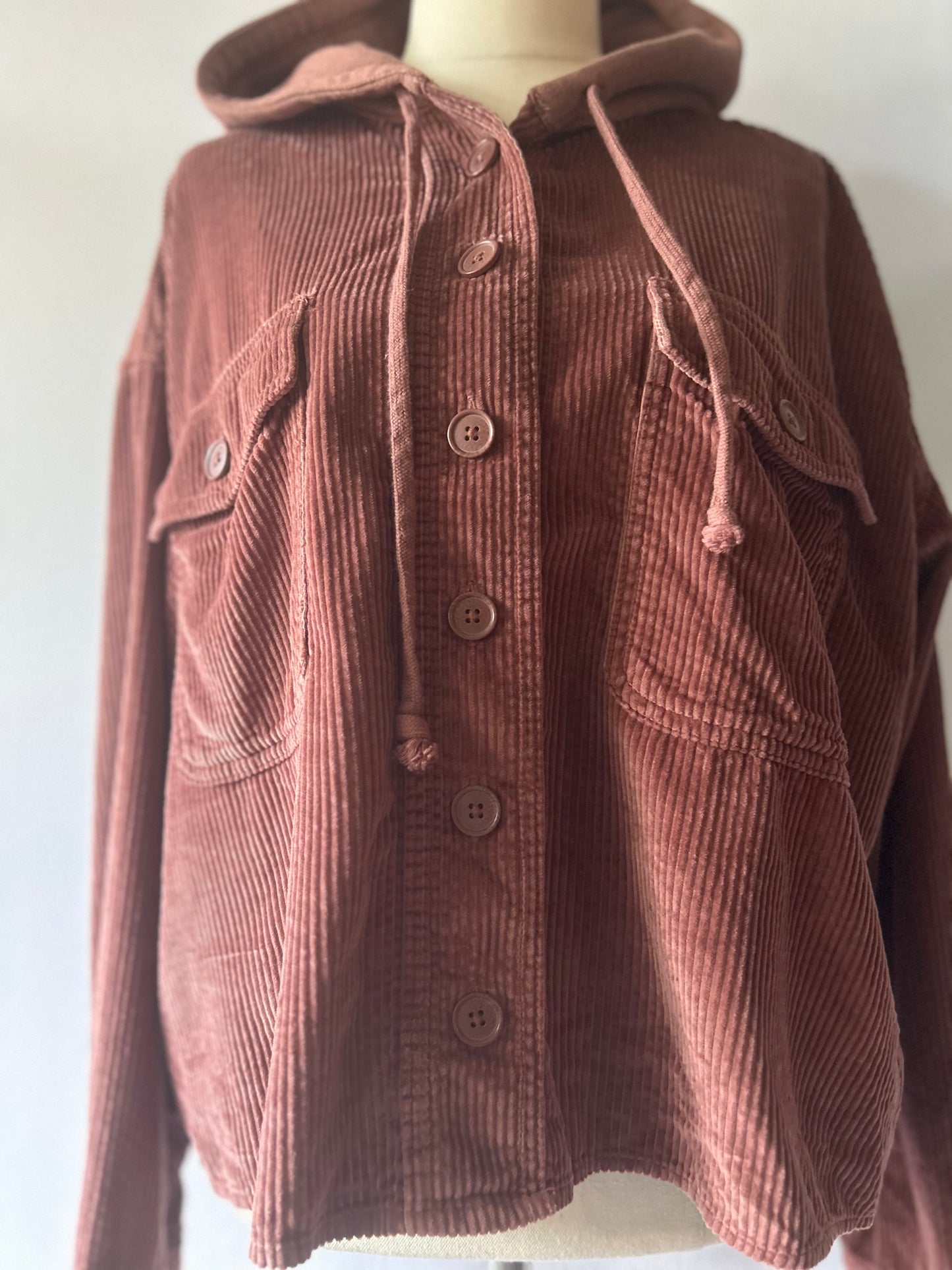 Dusty Rose Corduroy Button-Down Jacket with Hoodie | Size Large | 100% Cotton