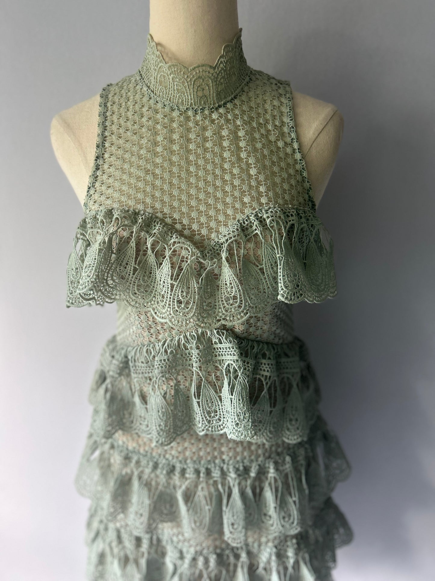 Seed Heritage Tiered Lace Mini Dress - Sage Green - Size 6