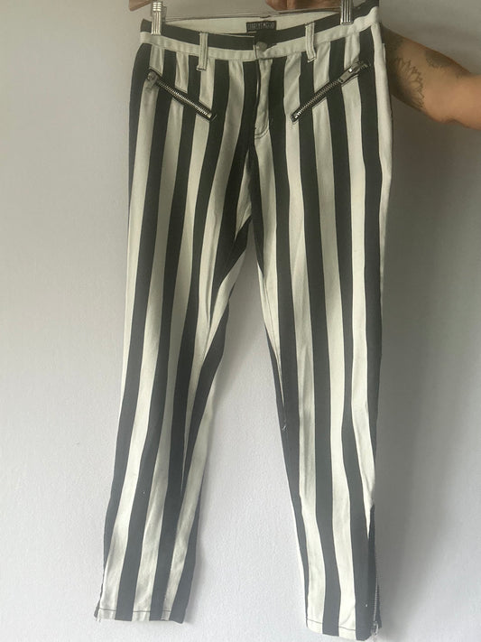 Current Mood Black & White Vertical Striped Zip-Detail Pants - Size Medium