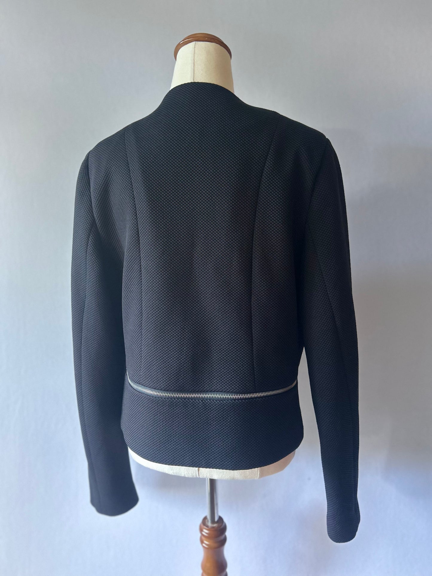 Whistles Collarless Open-Front Textured Jacket with Zipper Details - Black - Size 16