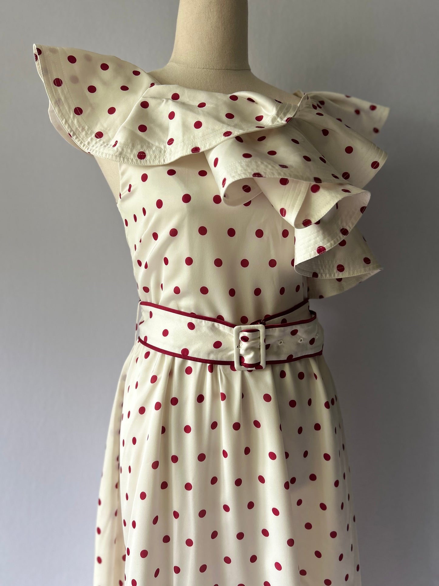 Satin Polka Dot One-Shoulder Ruffle Dress | Cream & Burgundy | UK 8, new with tag