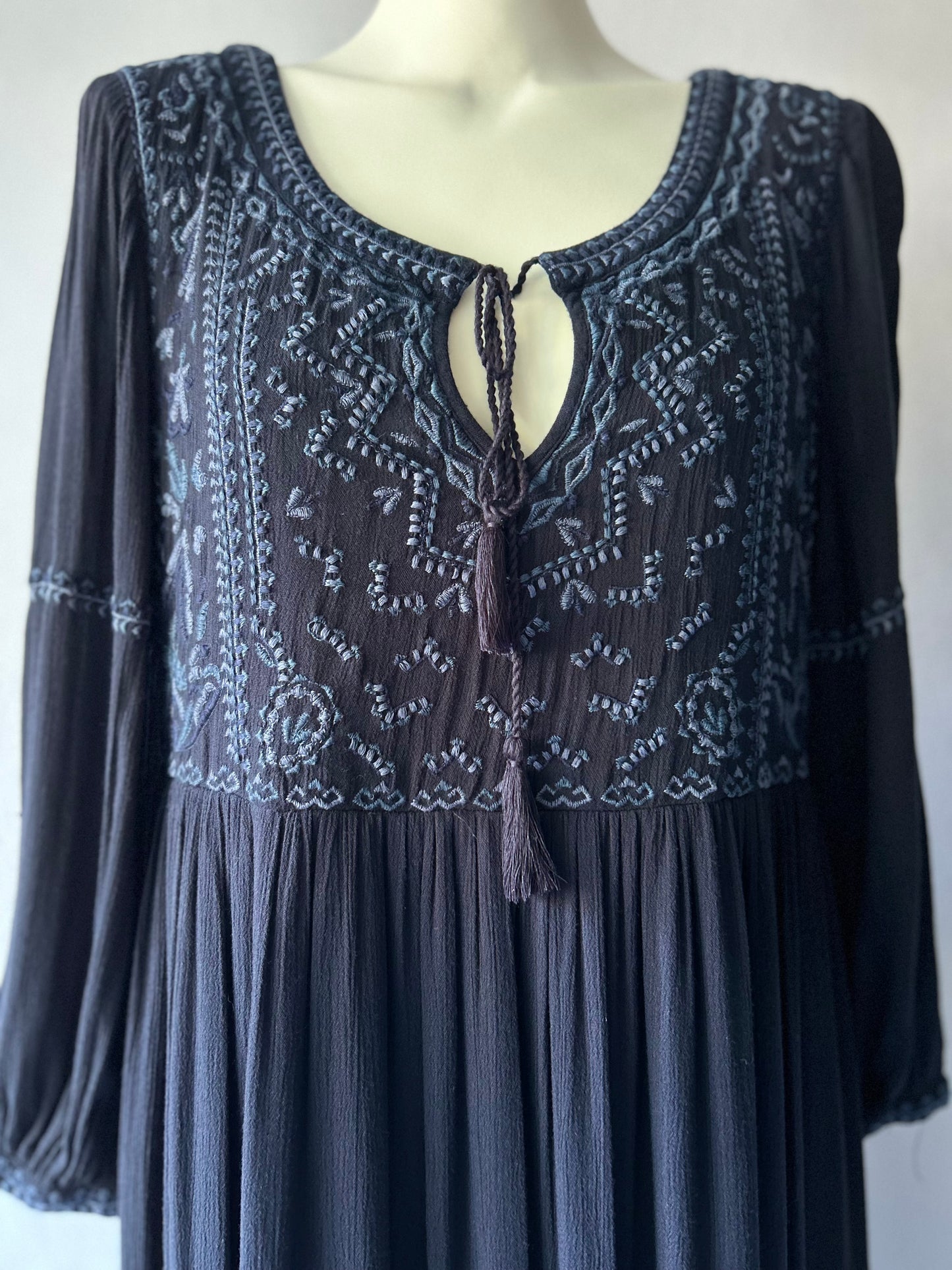 Zara New With Tags Navy Boho Maxi Dress | Embroidered Bodice | Size Large