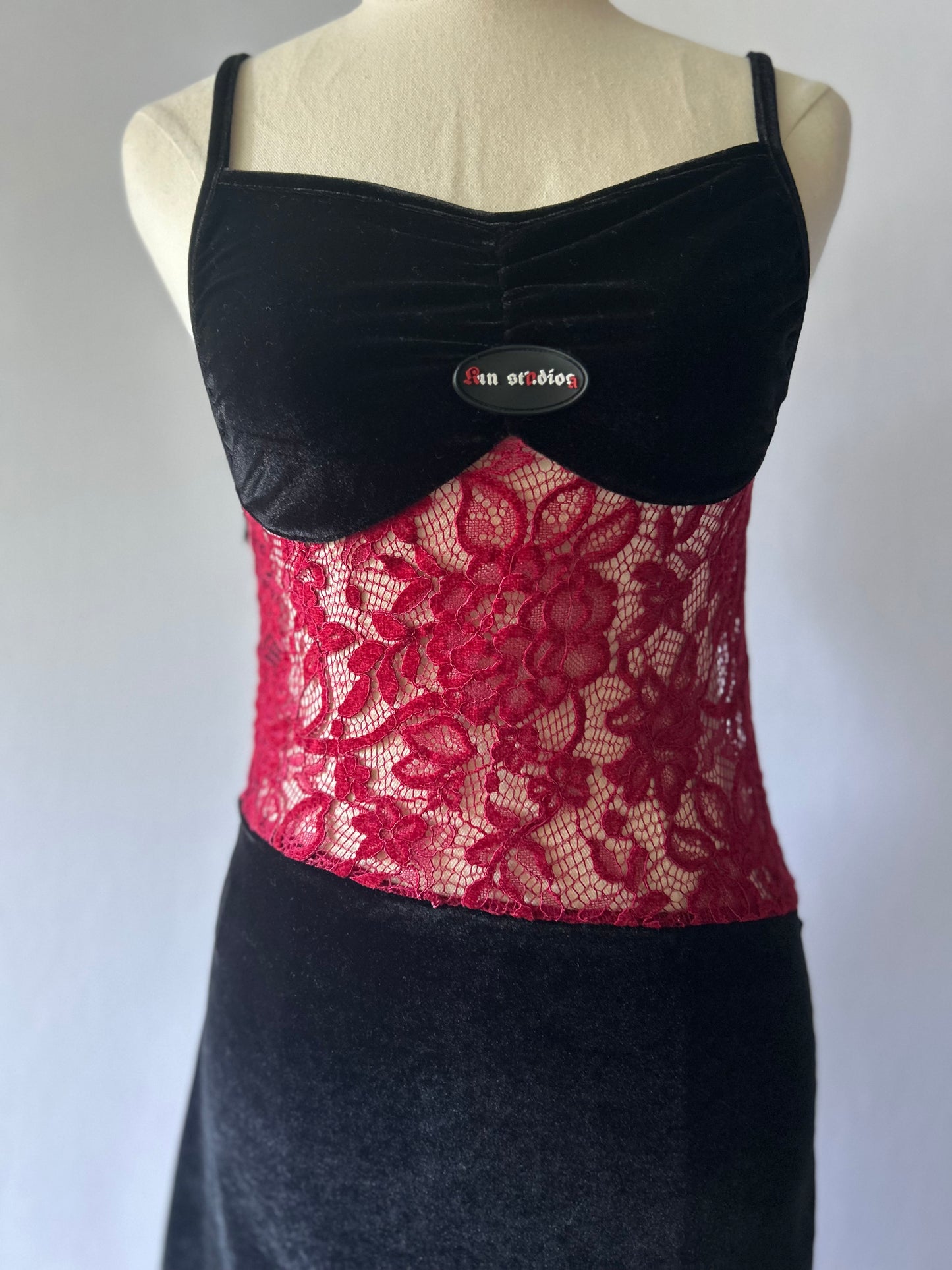 Velvet & Lace Asymmetric Midi Dress - Black & Burgundy - Size M