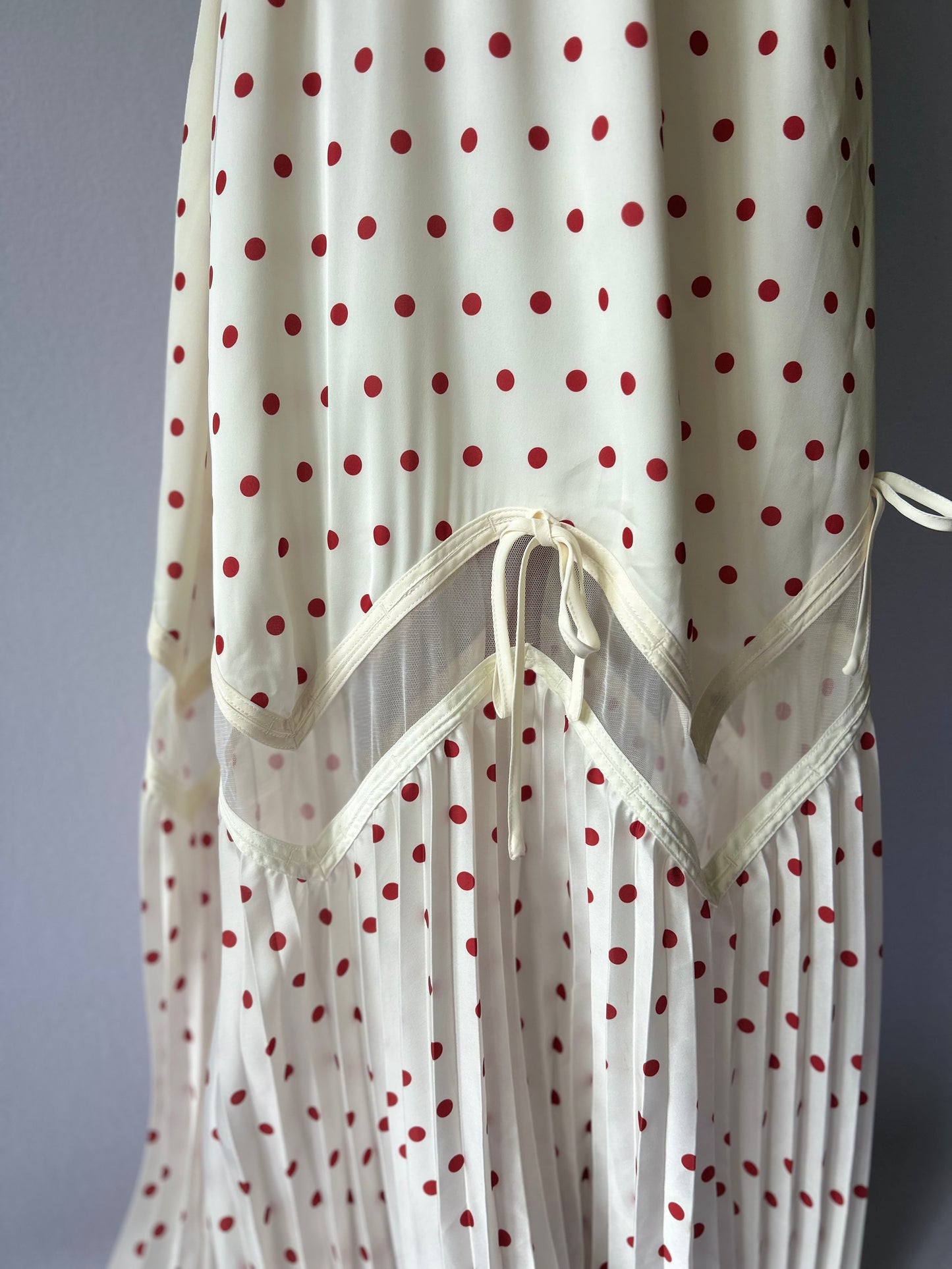 Satin Polka Dot One-Shoulder Ruffle Dress | Cream & Burgundy | UK 8, new with tag