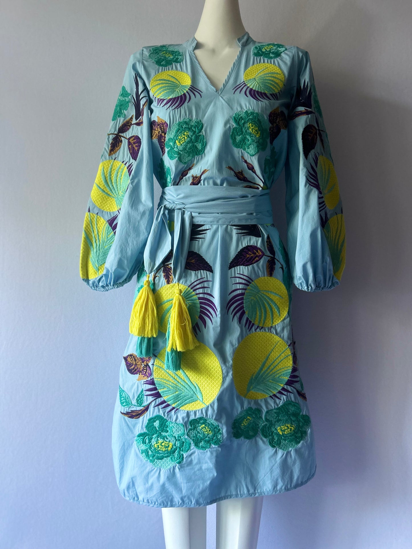 NWT Embroidered Botanical Cotton Mini Dress with Belt - Size S