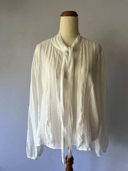 Zara Romantic Lace Insert Tie-Neck Blouse - White - Size L