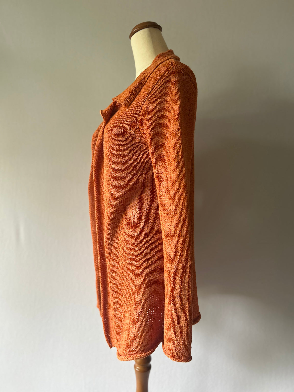 Terracotta Open-Front Collared Longline Knit Cardigan - Size S